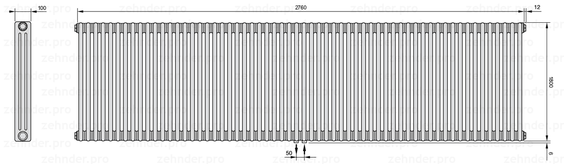 Схема (чертеж) Радиатор Zehnder Charleston 3180/60 №5410 Белый глянцевый RAL 9016